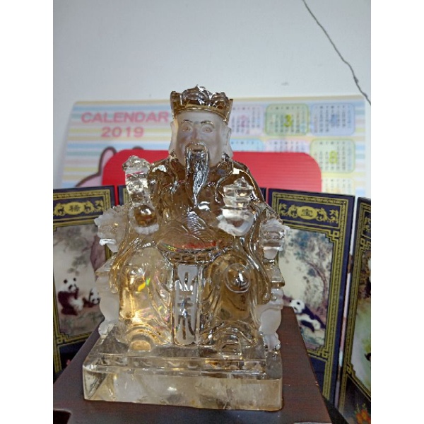 天然無燒黃水晶財神爺雕件含座長14cm寬12cm高25cm*