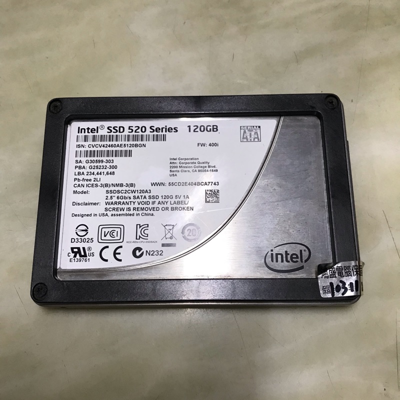 INTEL SSD 520 120GB，固態硬碟，保證良品，沒有溫度顯示，隨便賣600元