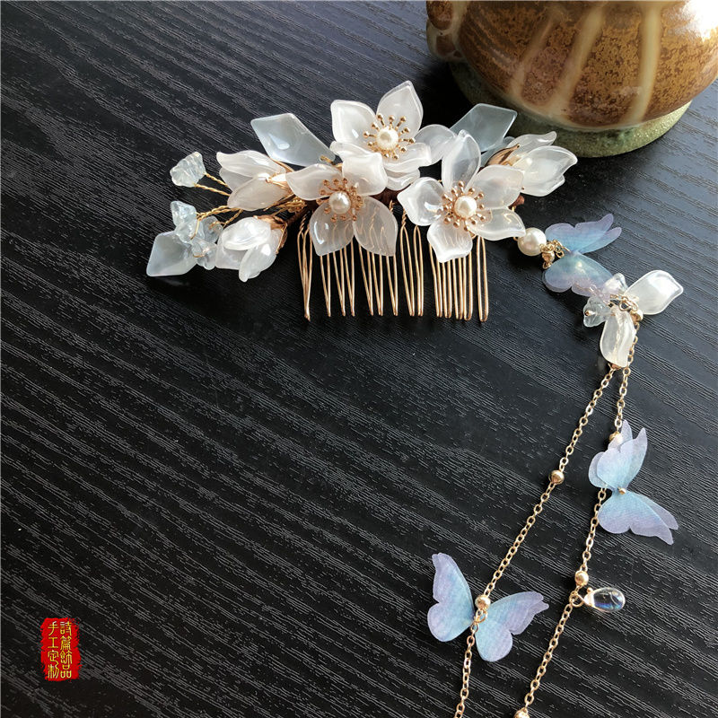 昙花一现 白昙花茶花簪花发簪森系花朵流苏步摇发梳蝴蝶插梳 蝦皮購物