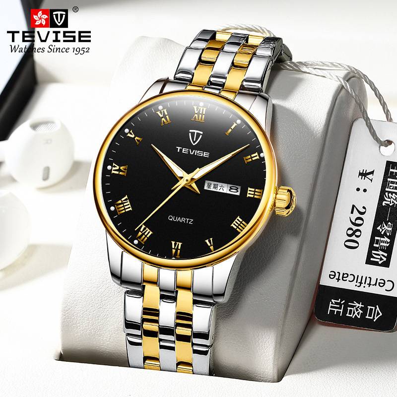 【飾碧得】TEVISE特威斯新款手錶男時尚商務男士手錶鋼帶防水男士石英手錶T80S