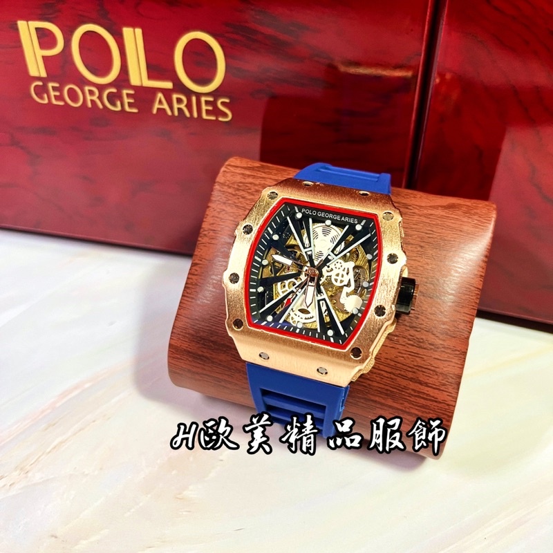 H精品服飾💎 POLO GEORGE ARIES 限量發行 鏤空 機械 玫瑰金藍 腕錶✅正品