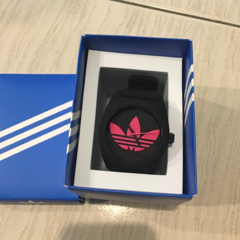 adidas手錶 愛迪達矽膠帶 時尚休閒 潮 經典三葉草logo 黑框桃ADH6175