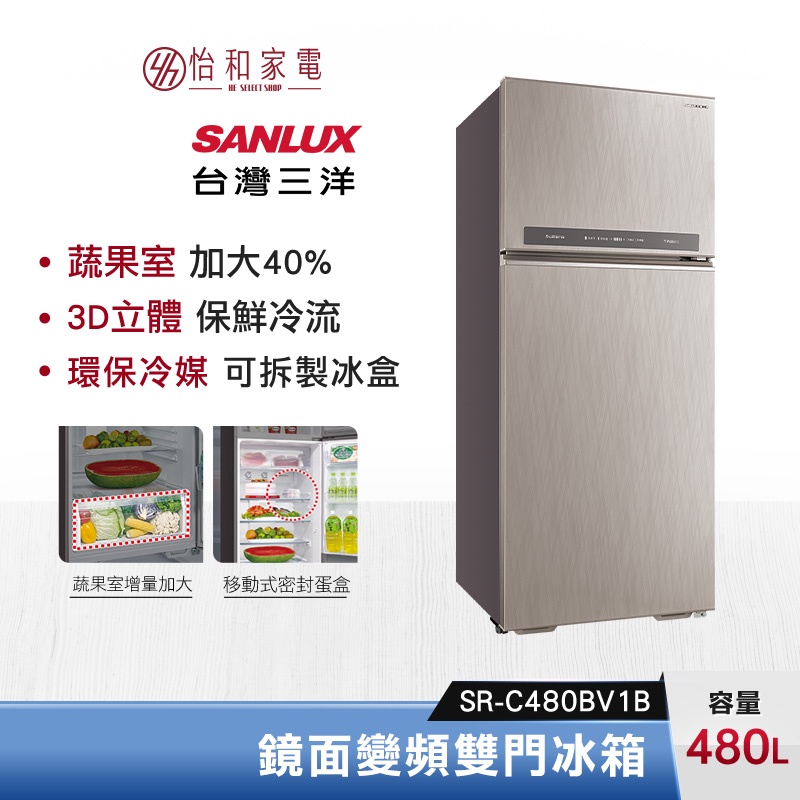 SANLUX 台灣三洋 480公升 鏡面變頻雙門冰箱 SR-C480BV1B 蔬果室加大