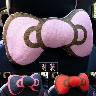 Lve雜貨鋪一對裝Hello Kitty貓可愛卡通汽車頸枕女性車枕頭枕亞麻四季通用蝴蝶結頭靠可愛車飾汽車百貨汽車配件內飾