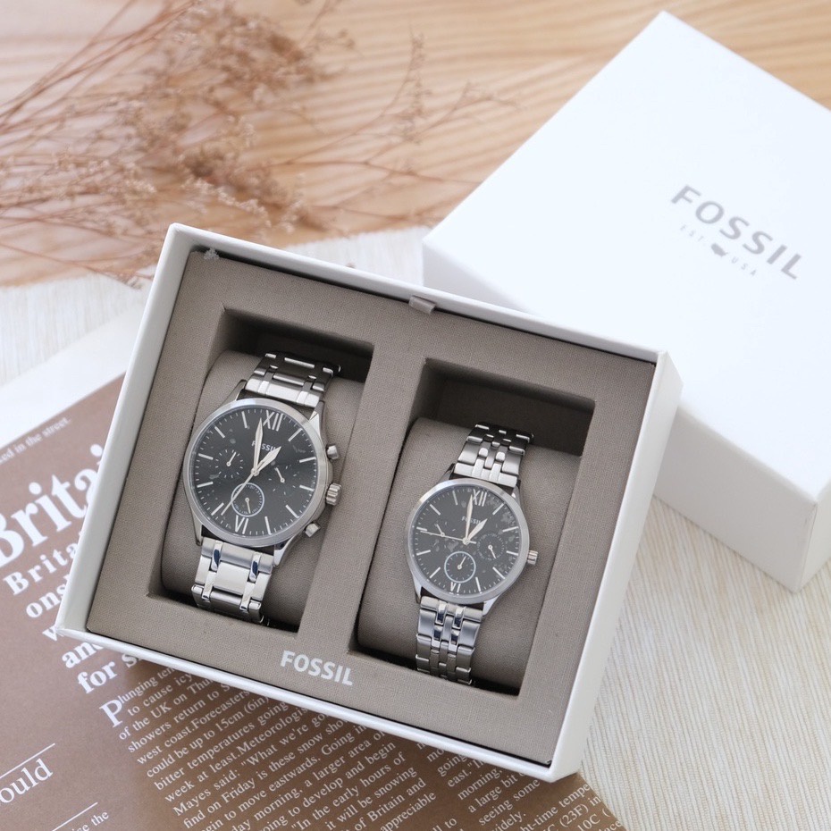 [B.U歐美專業代購]FOSSIL (男女對錶) 禮盒 不鏽鋼 多功能 情侶對錶 男錶 女錶 BQ2469SET