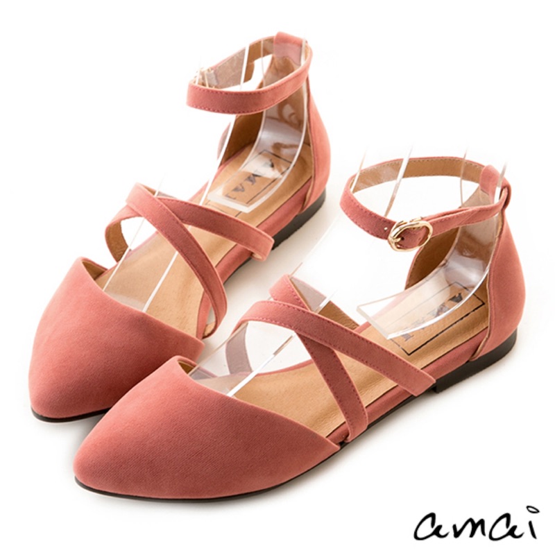 轉賣amai-尖頭交叉鏤空繞踝平底鞋 乾燥玫瑰粉(全新品）37=23.5