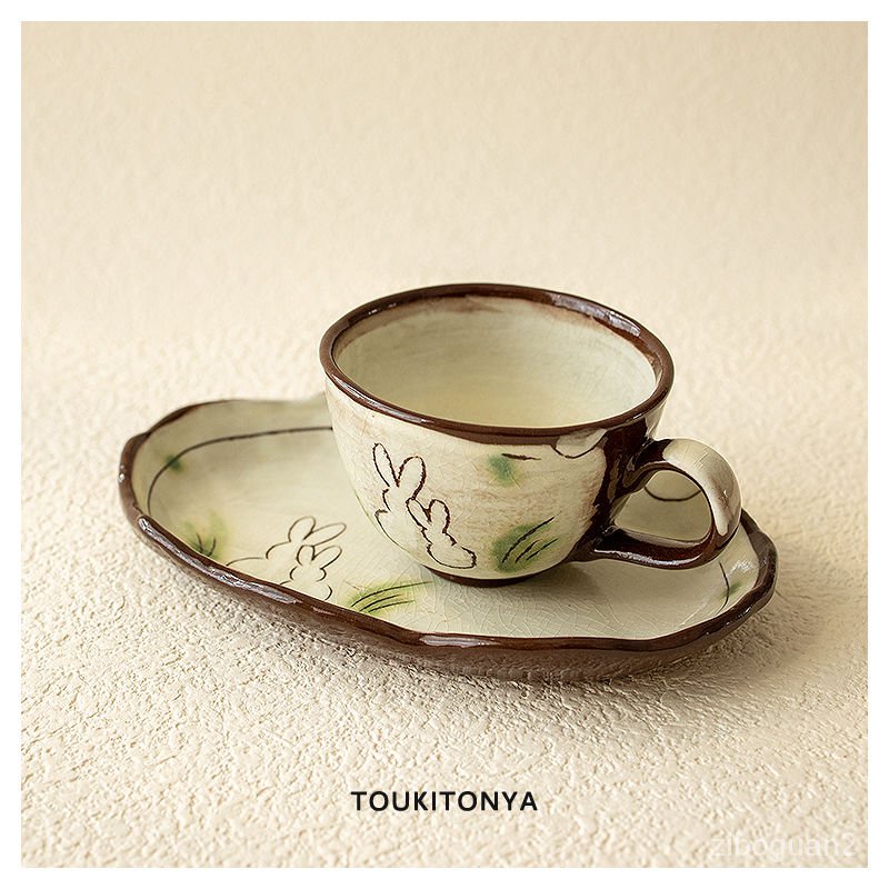 現貨日本進口美濃燒日式陶瓷可愛兔子咖啡杯碟小杯子茶杯小長盤