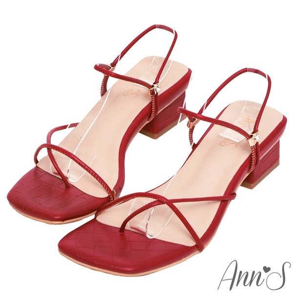 Ann’S極細線條就是性感-可兩穿方頭粗跟夾腳涼鞋3.5cm-紅