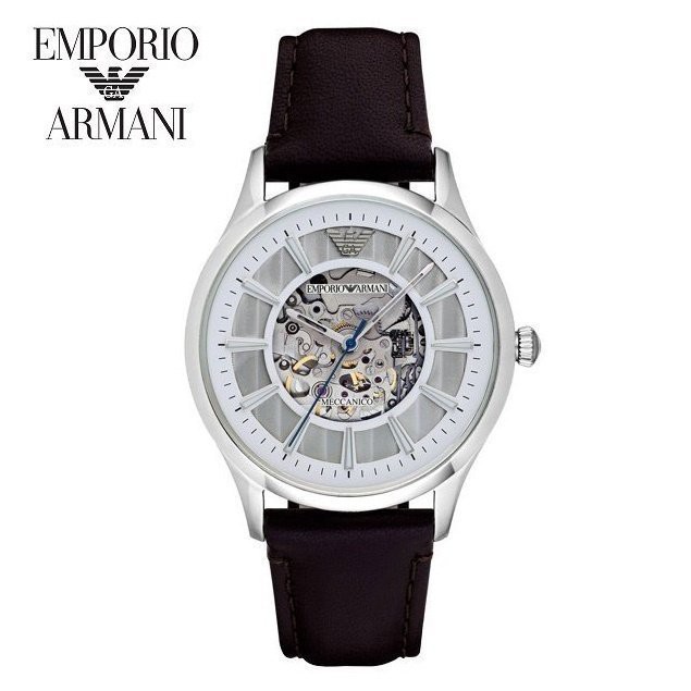 【第一鐘錶】EMPORIO ARMANI AR1946《亞曼尼 義大利時尚》43mm/雙面鏤空機械錶/銀白x黑