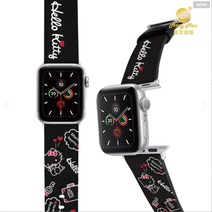 【Hong Man】三麗鷗 Apple Watch 皮革錶帶 Hello Kitty 黑色愛心