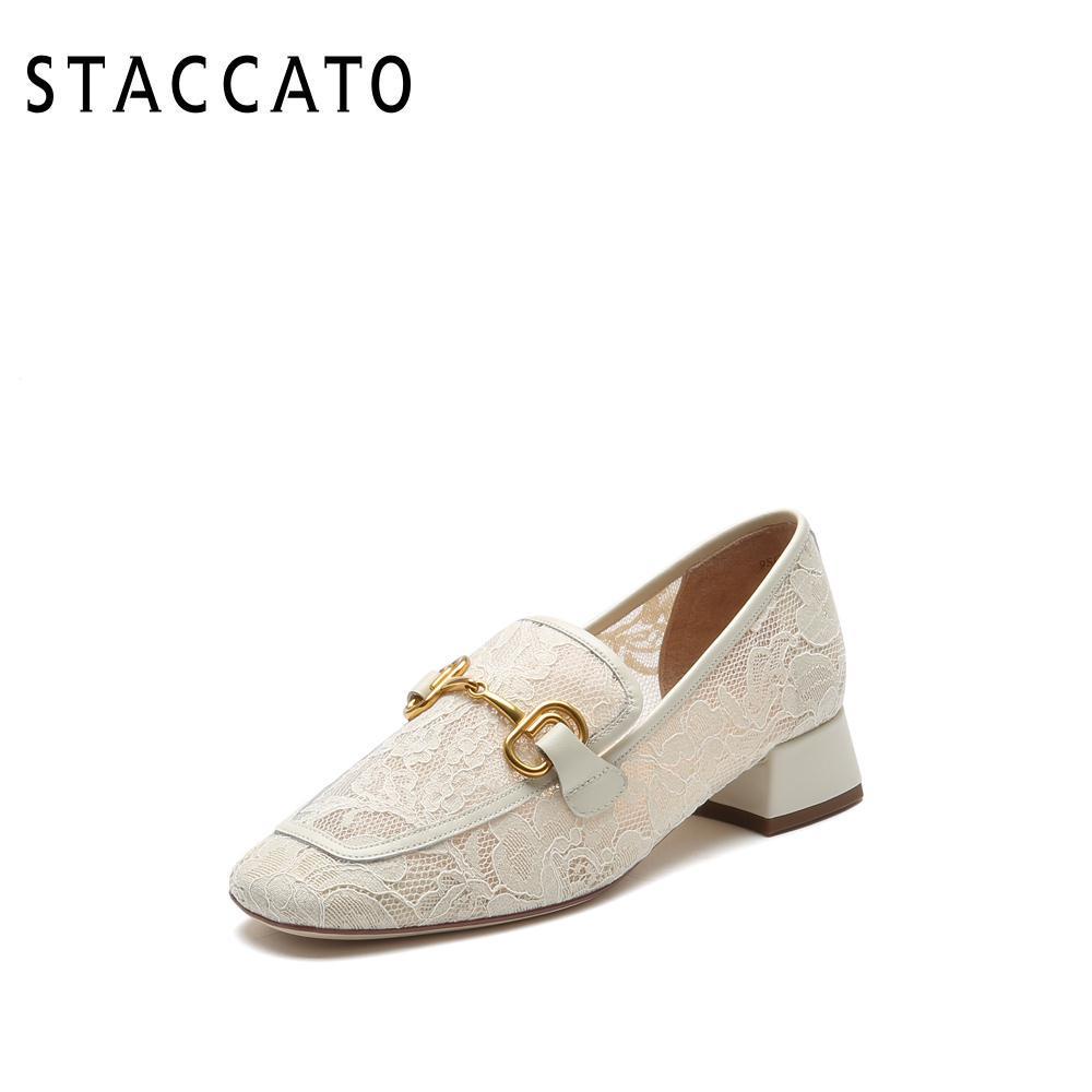 STACCATO/思加圖2021春款蕾絲方頭復古粗跟婚鞋女單鞋樂福鞋9SC58 | 蝦皮購物