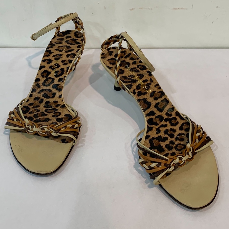 W 義大利精品 DOLCE &amp; GABANNA 二手 義大利製 細皮繩編織 豹紋鞋內裡 細跟 中跟 涼鞋 36號