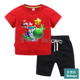 兒童T恤短袖馬力歐套裝夏季新款super Mario童裝韓版瑪利歐短袖童褲兩件套裝 瑪麗 馬里奧