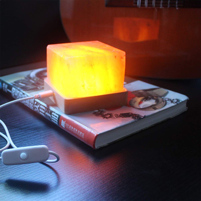限量特價 暖光燈 開運能量 天然負離子水晶鹽燈 淨化空氣 黃光燈 (USB電源)原木打造燈具底座