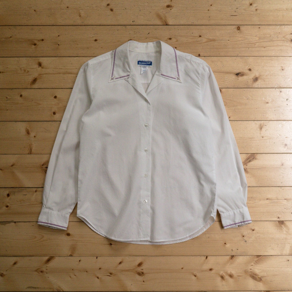 《白木11》 vintage Pendleton shirt 白色 開領 刺繡 抓皺 長袖 襯衫 上衣 古著