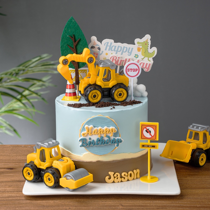 兒童男孩工程車 烘焙蛋糕裝飾 蛋糕擺件 挖土機 推土機 挖掘機 路障路標 生日派對裝扮