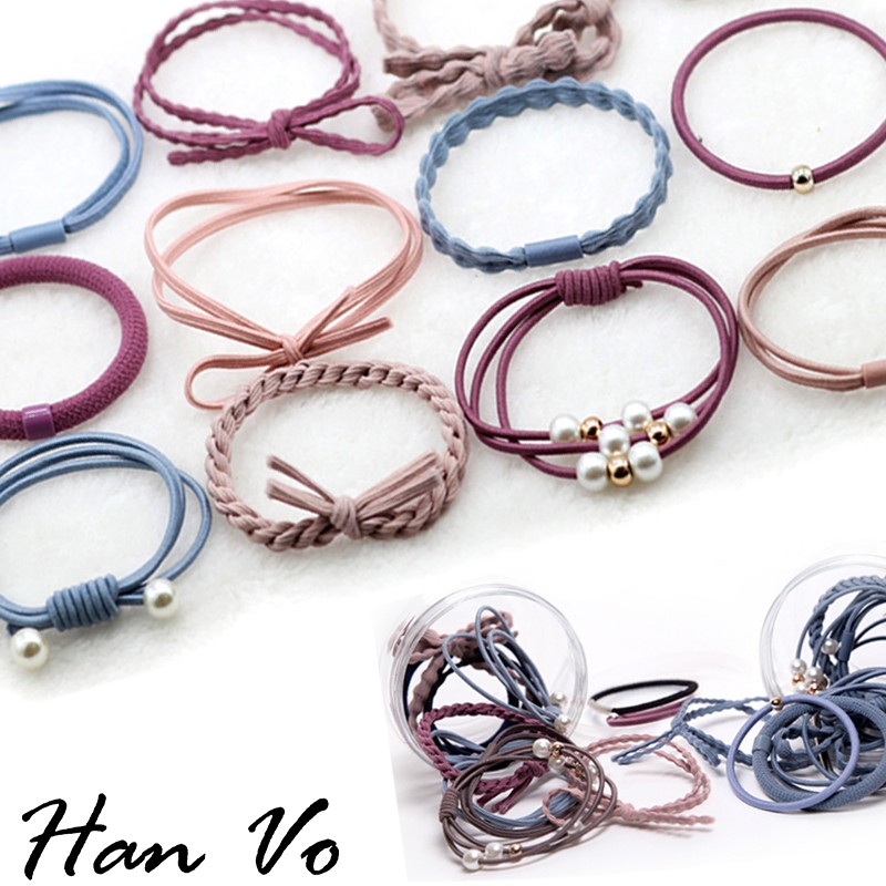 【HanVo】氣質髮圈12件組 清新粉色系甜美電鍍髮飾高彈力髮束 韓衣風格8007
