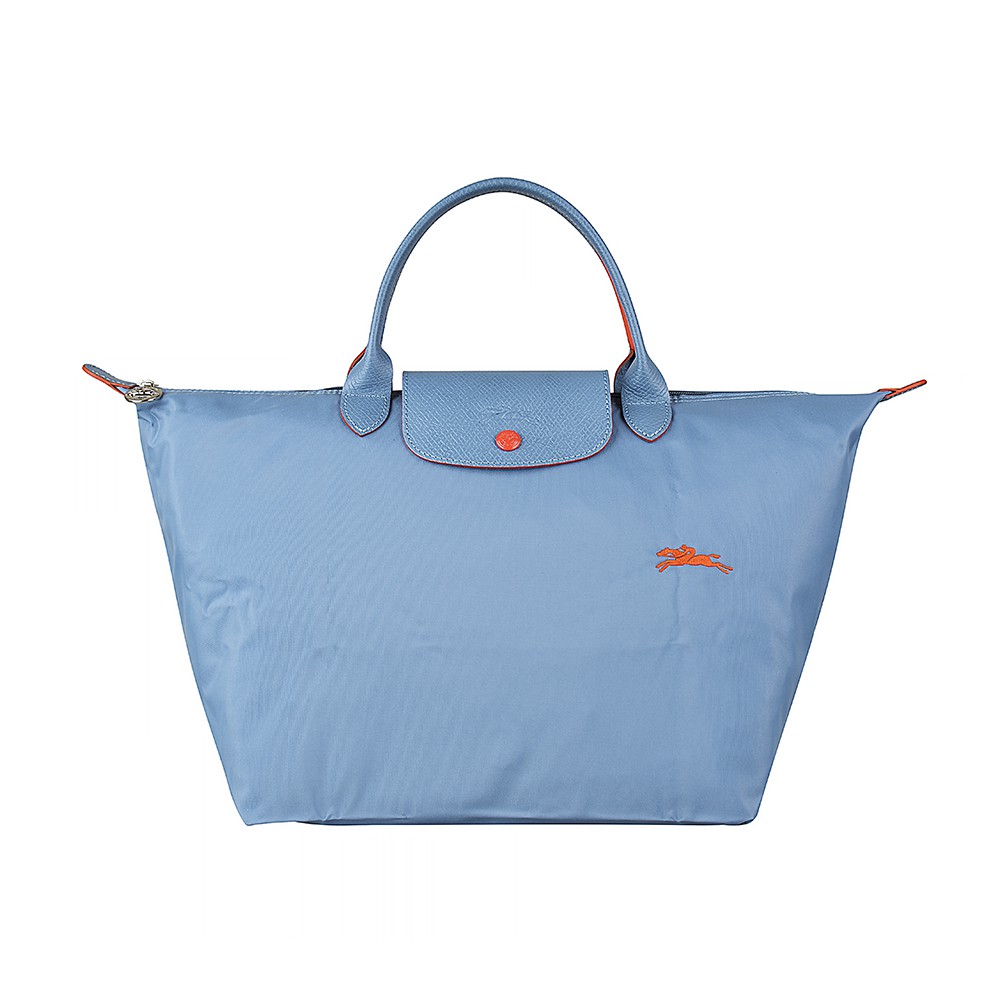 LONGCHAMP COLLECTION刺繡LOGO尼龍摺疊短把拉鍊手提包(中/霧藍x橘)