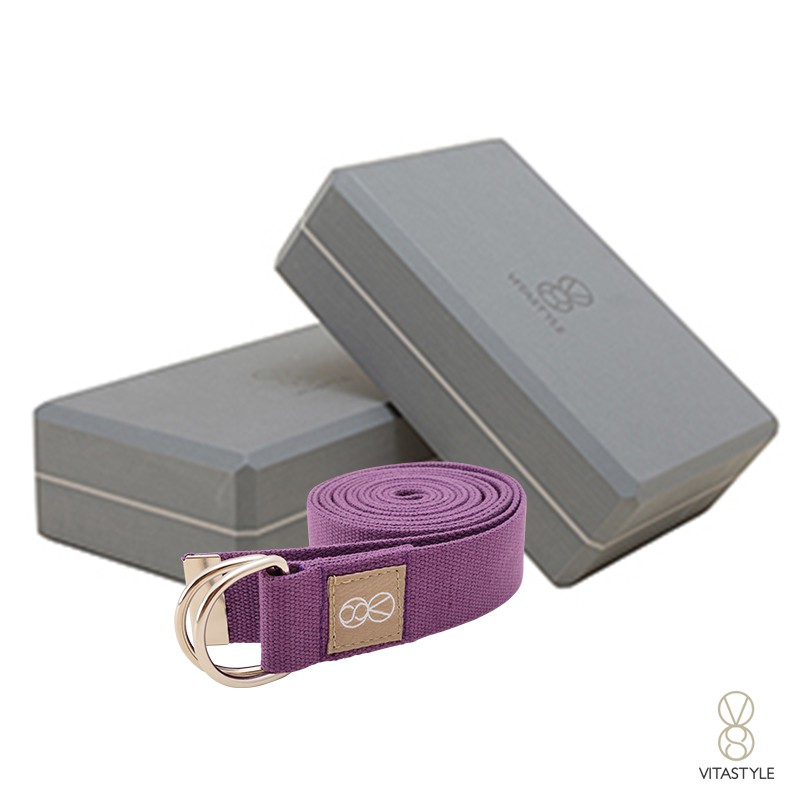 【VITASTYLE】2個灰色瑜珈磚 + 1條紫色瑜珈棉繩(鐡扣) 優惠套組【台灣製】