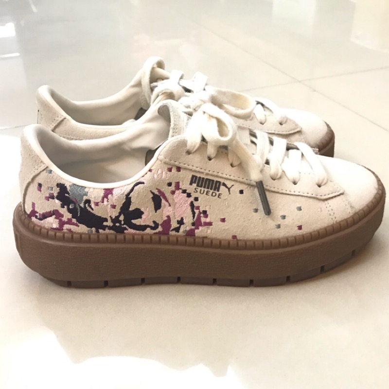 Puma suede 米白焦糖底 麂皮花卉刺繡 厚底鞋 餅乾鞋