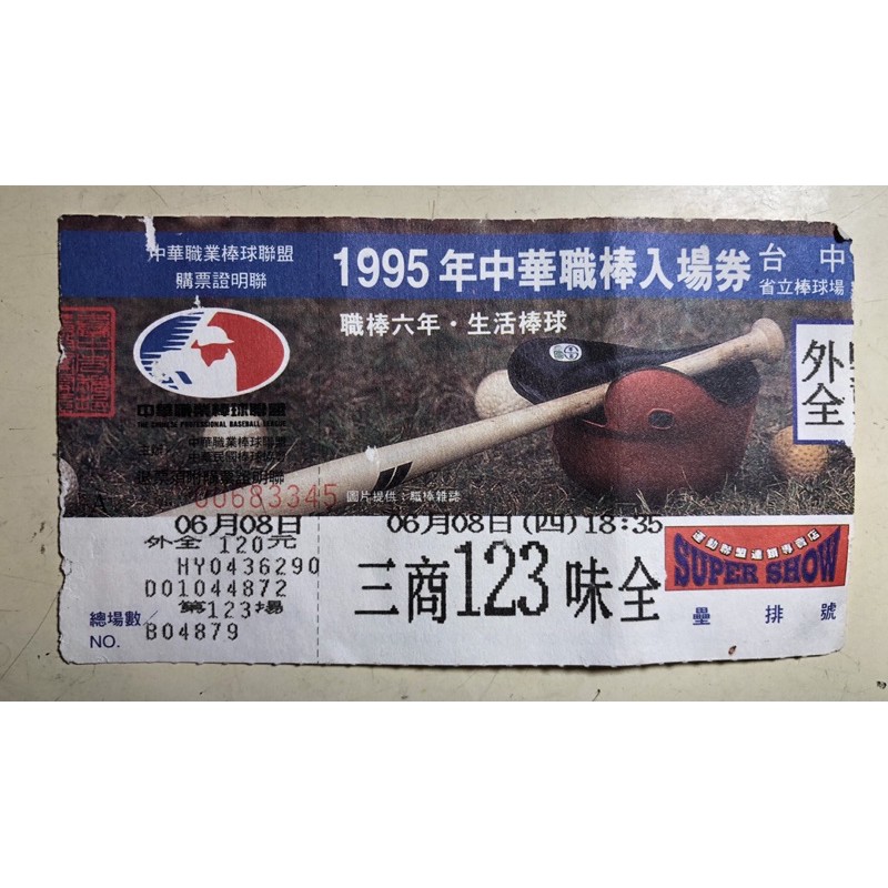 懷舊 珍藏1995年6月8日年中華職棒門票  三商對味全 第123場 外全 台中省立棒球場 棒球 球員