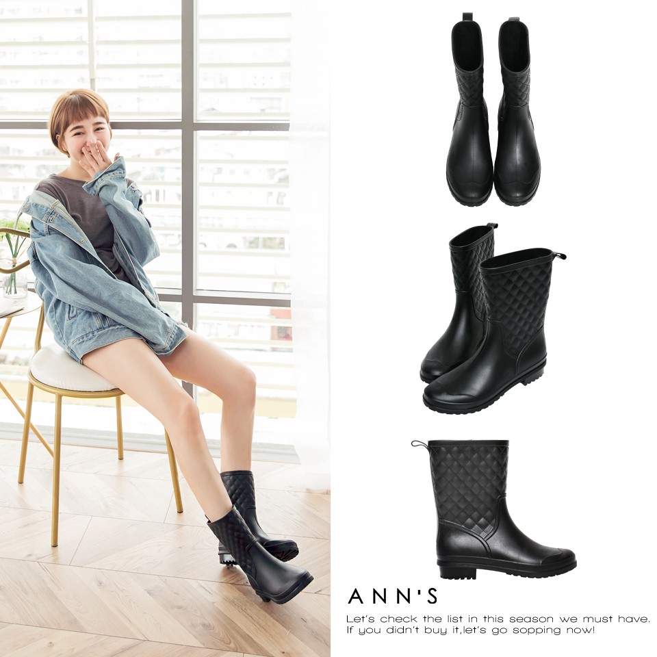 Ann’S雨季中-時髦菱格紋素色中筒雨靴-黑