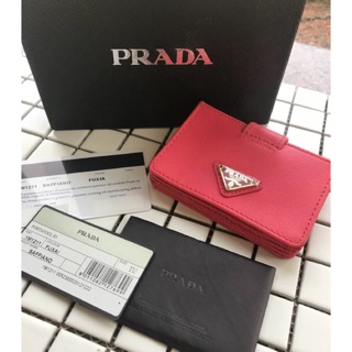 Prada普拉達 玫紅真皮皮革名片夾