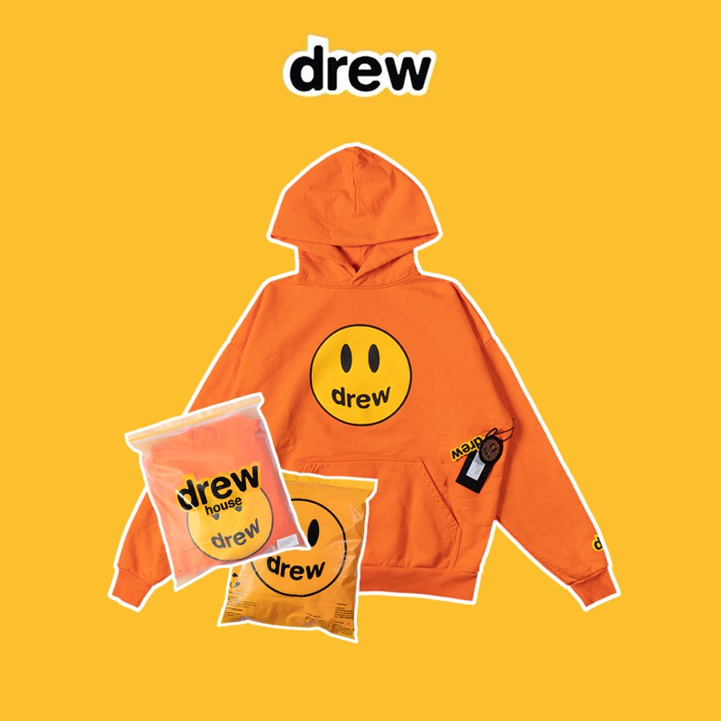 全新限量正品 Justin Bieber Drew House mascot hoodie 橘色笑臉男女情侶長袖衛衣帽T