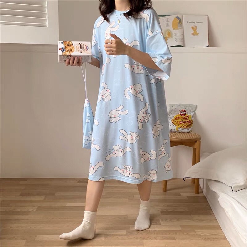 大耳狗睡衣 玉桂狗睡衣 三麗鷗睡衣 玉桂狗睡衣女夏季薄款短袖印花卡通睡裙女長款潮牌送收納袋家居服