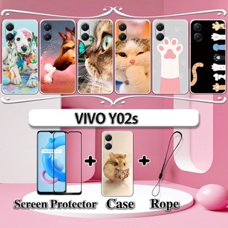 2 合 1 VIVO Y02s 手機殼帶鋼化玻璃曲面陶瓷螢幕保護膜貓狗