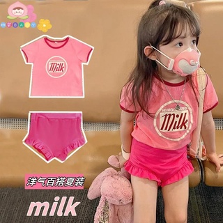 🎏桃氣BABY🍑ins夏韓版童裝女童短袖T恤純棉小女孩粉色字母撞色上衣洋氣套裝潮