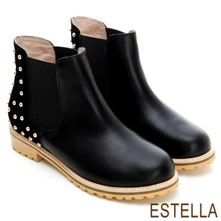 ESTELLA-全真皮雙拼鉚釘短靴-黑