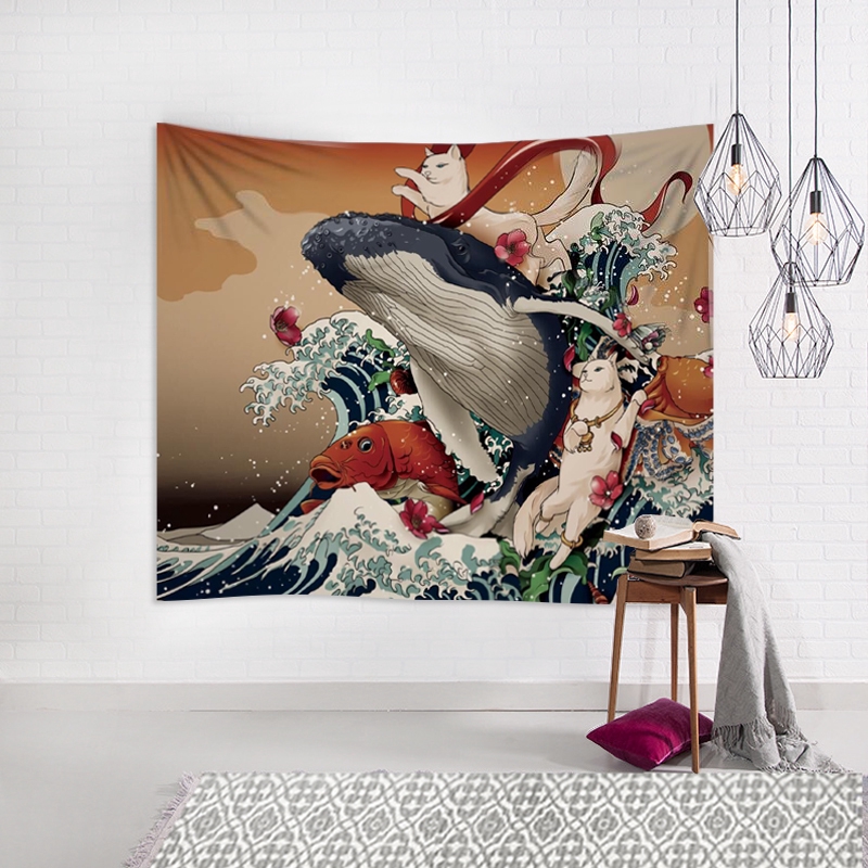 日本和式日式浮世繪藍鯨海浪掛布牆面背景裝飾畫刺青掛毯酒吧桌布 蝦皮購物
