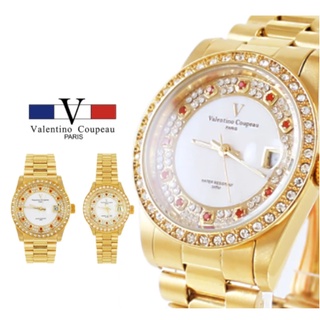 【天龜】Valentino Coupeau 范倫鐵諾 雅緻橘紅鑽白貝面全金不鏽鋼殼帶防水男女腕錶