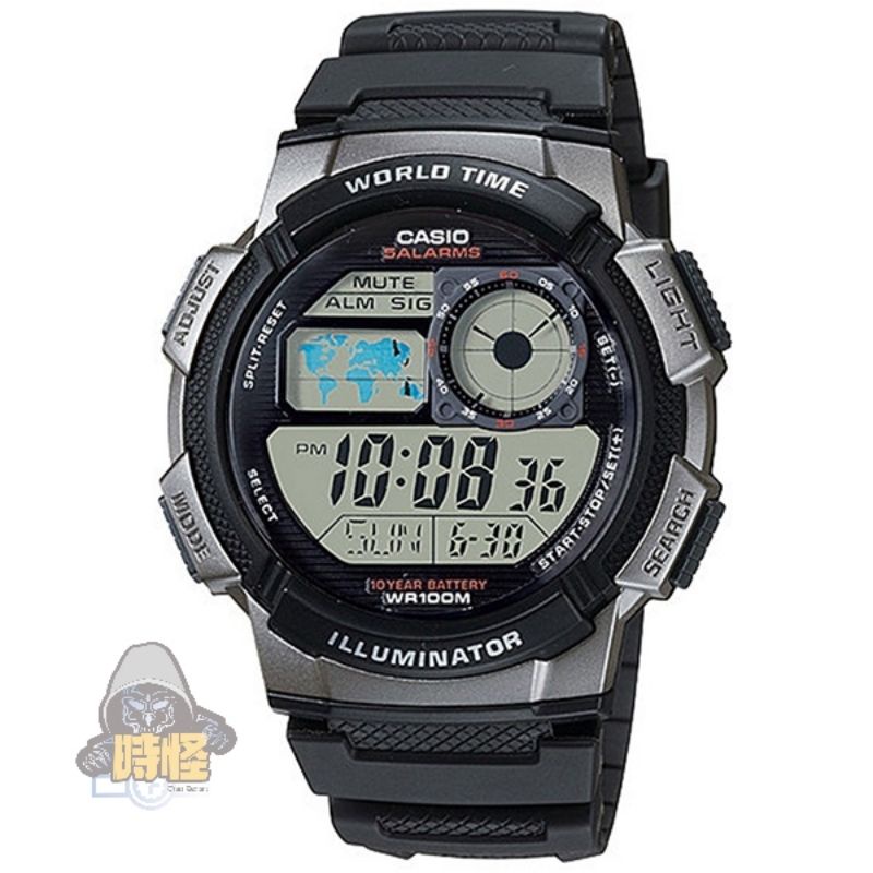 【CASIO】台灣卡西歐公司貨 10年電力世界時間計時錶 運動錶 100米防水(AE-1000W-1B)