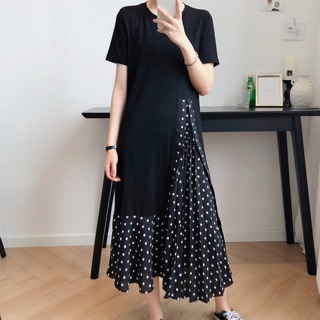 Olivia奧莉韓系休閒短袖寬鬆黑白點點拼接百褶連身裙長裙洋裝