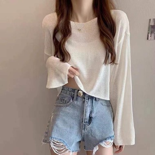 📣📣主流女裝✔️四色入👗外搭防曬衣👗2024夏季新款韓版短款百搭純色寬松冰絲長袖針織衫女防曬罩衫 正韓上衣 女生衣著