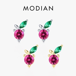 Modian 可愛櫻桃耳環 925 純銀簡約小水果炫彩水晶耳釘適合女士女孩高級珠寶