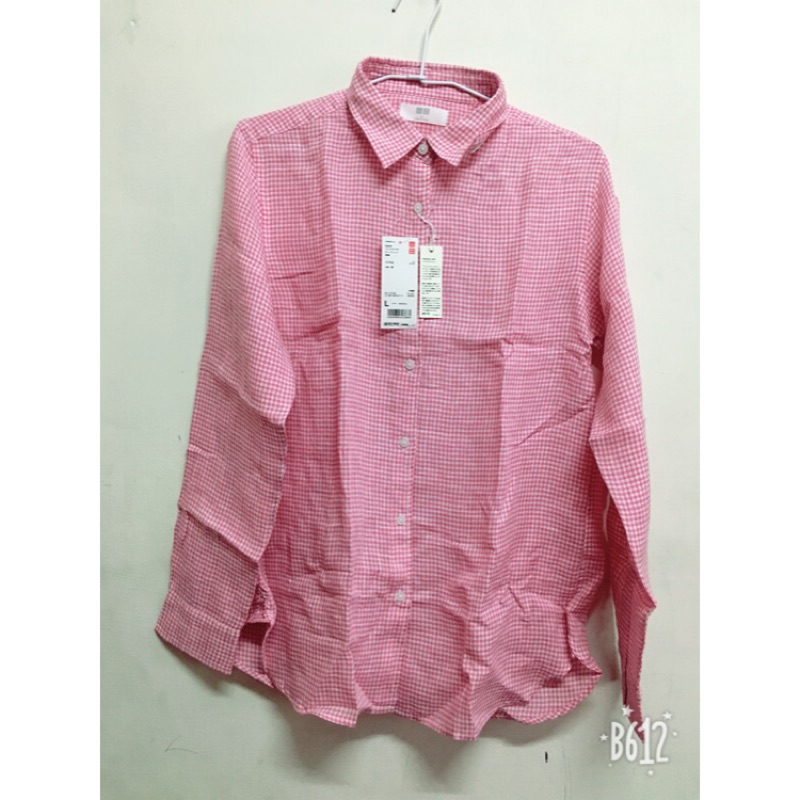 Uniqlo立領粉色格紋襯衫