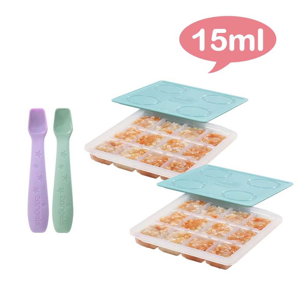 2angels 台灣製現貨 矽膠副食品製冰盒(2入)+餵食湯匙(2支附收納盒) 夏葉綠色 冰磚盒 食品分裝冷凍 寶寶餐具