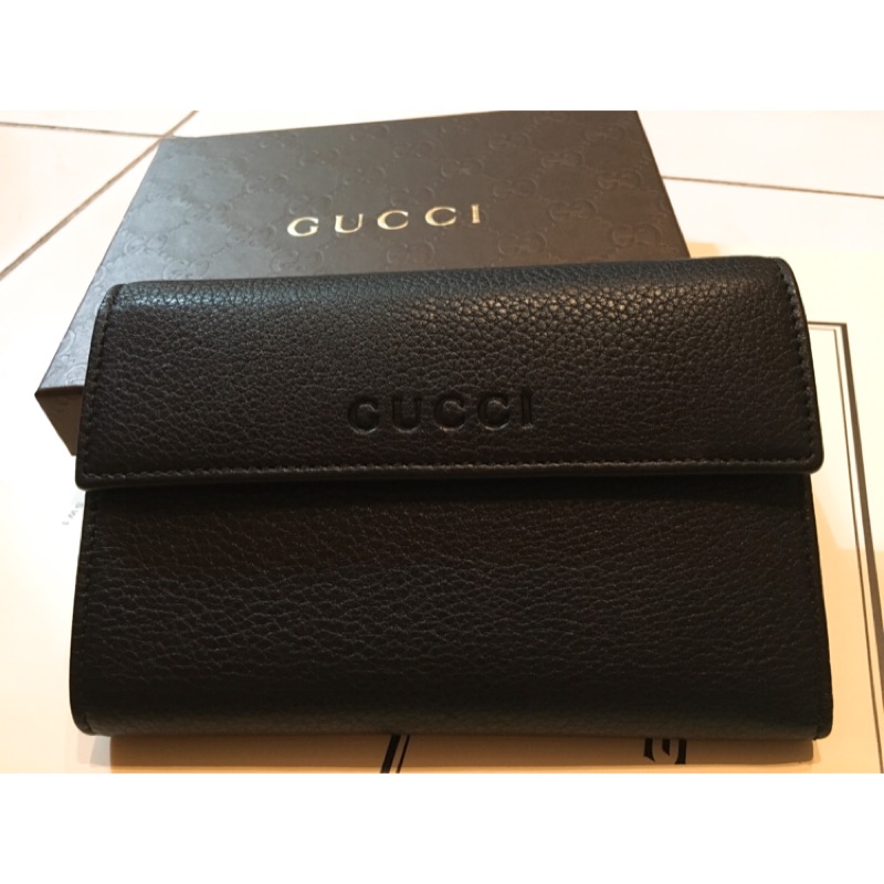Gucci 荔枝皮 logo 黑色 中夾 零錢夾層 卡夾 鈔票夾