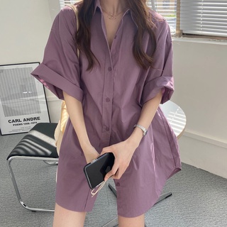 joylife 紫色短袖襯衫女設計感復古港味新款夏季中長款襯衣寬鬆上衣服日系