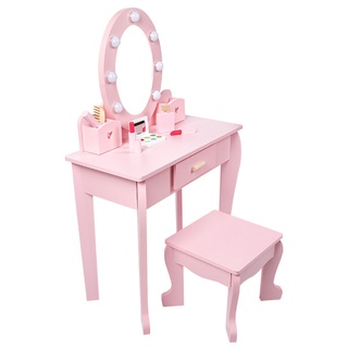 .兒童化妝桌椅 北歐風家庭版木質梳妝檯 粉色帶燈梳妝檯 過家家玩具 公主玩具