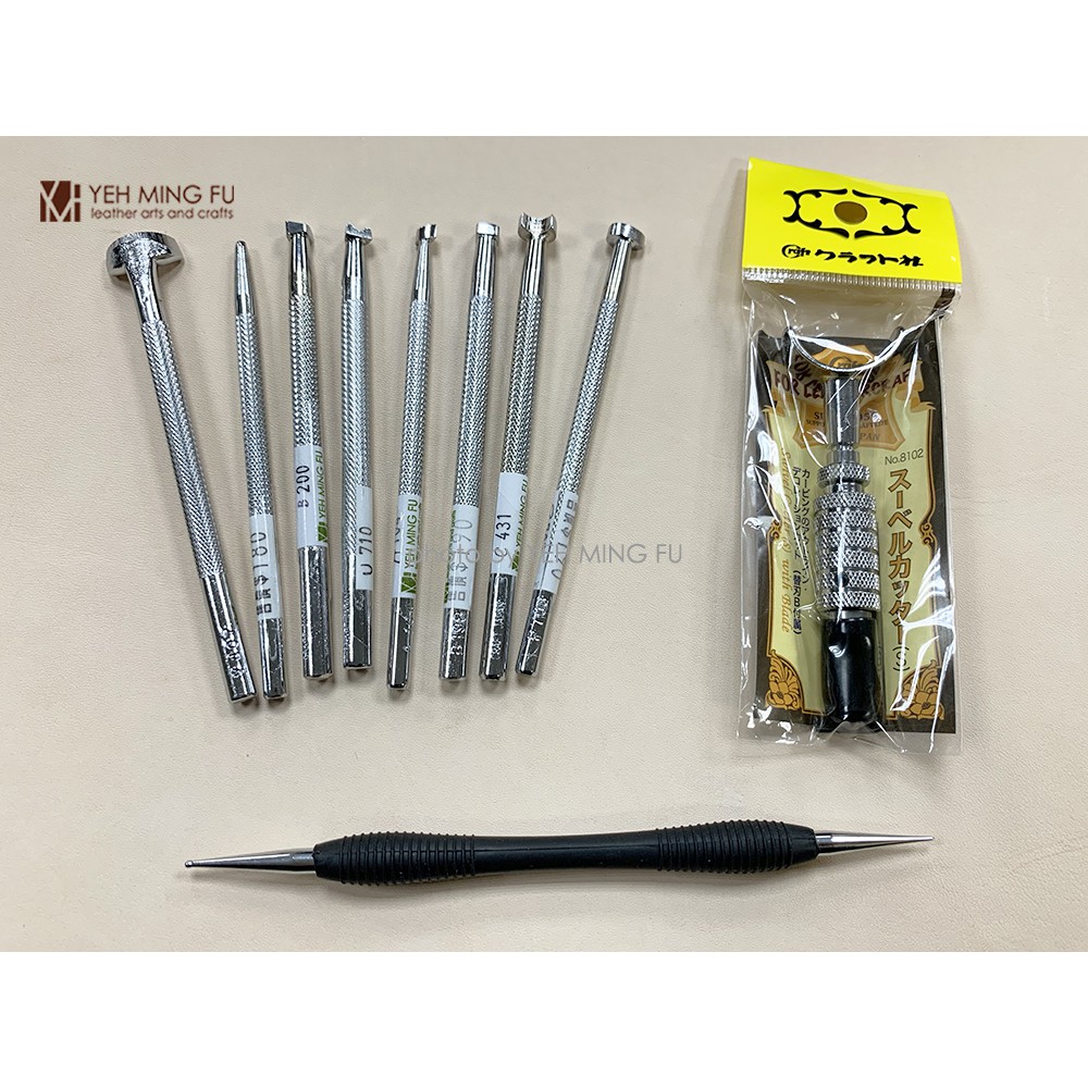皮雕基本工具組 基本印花工具因教學者有所差異 工具有缺貨問題 會配可替代的工具 葉明福皮革創作工房 皮革印花工具
