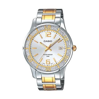 CASIO WATCH 卡西歐淑女外鑽圈弧度鏡面銀色面金色立體刻劃日期中金鋼帶石英腕錶 型號：LTP-1359SG-7A