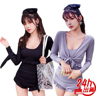 兩件套連身泳衣 性感露背 韓國荷花邊連身泳衣 美背爆乳 比基尼 長袖泳衣 無鋼圈泳衣 韓國泳裝 大尺碼 臺灣出貨 現貨