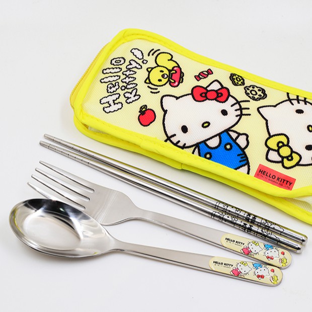 出清 日本三麗鷗Hello Kitty不銹鋼三件式餐具-不銹鋼筷+湯匙+叉子-黃