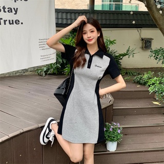 胖胖美依 現貨 短袖洋裝 連身裙 S-L新款polo領撞色拼接修身顯瘦設計感純欲短袖裙子 216