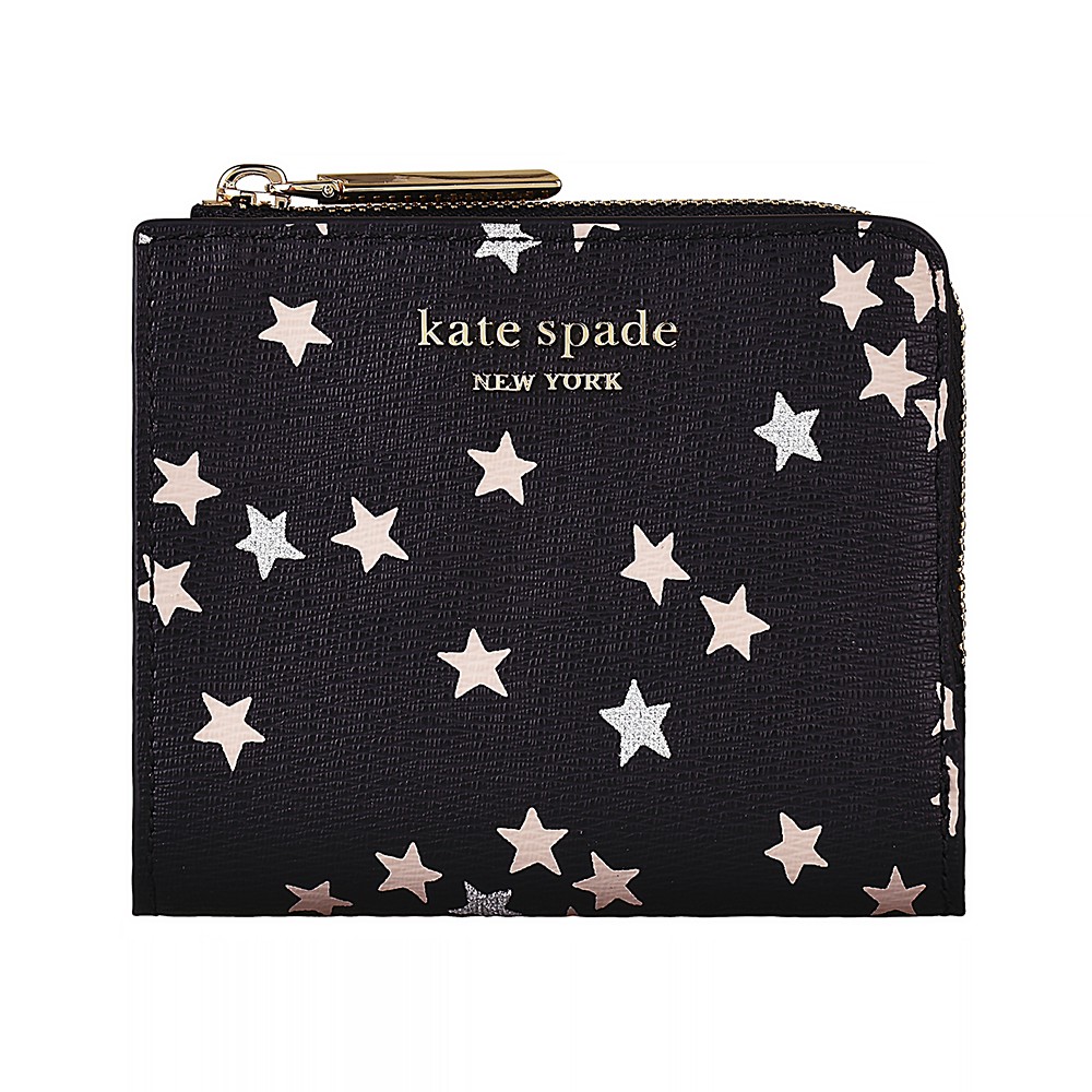 Kate Spade SPENCER CONFETTI STARS 金字LOGO設計雙折式皮革6卡拉鍊星星短夾 (黑)