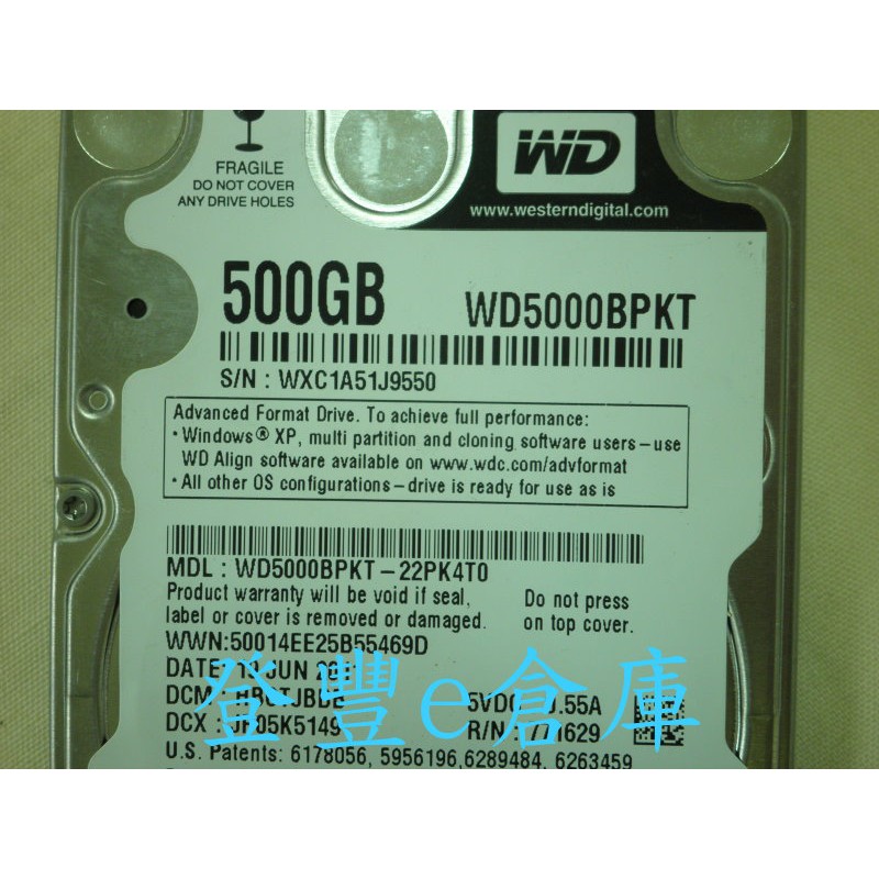 【登豐e倉庫】 YF313 黑標 WD5000BPKT-22PK4T0 500G SATA2 筆電硬碟